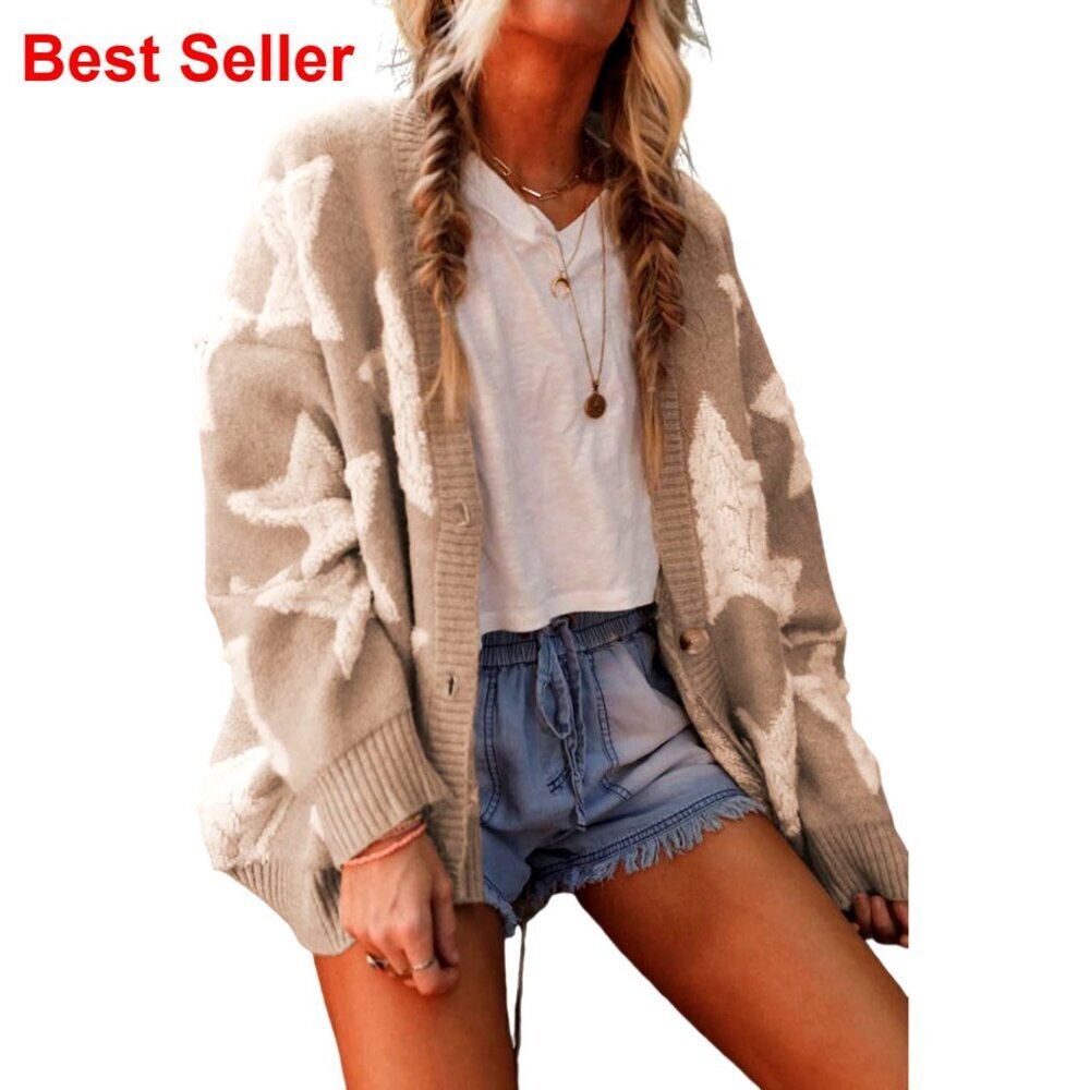 Sherpa Star Pattern Cardigan Sweater with Pockets Oversized Fit